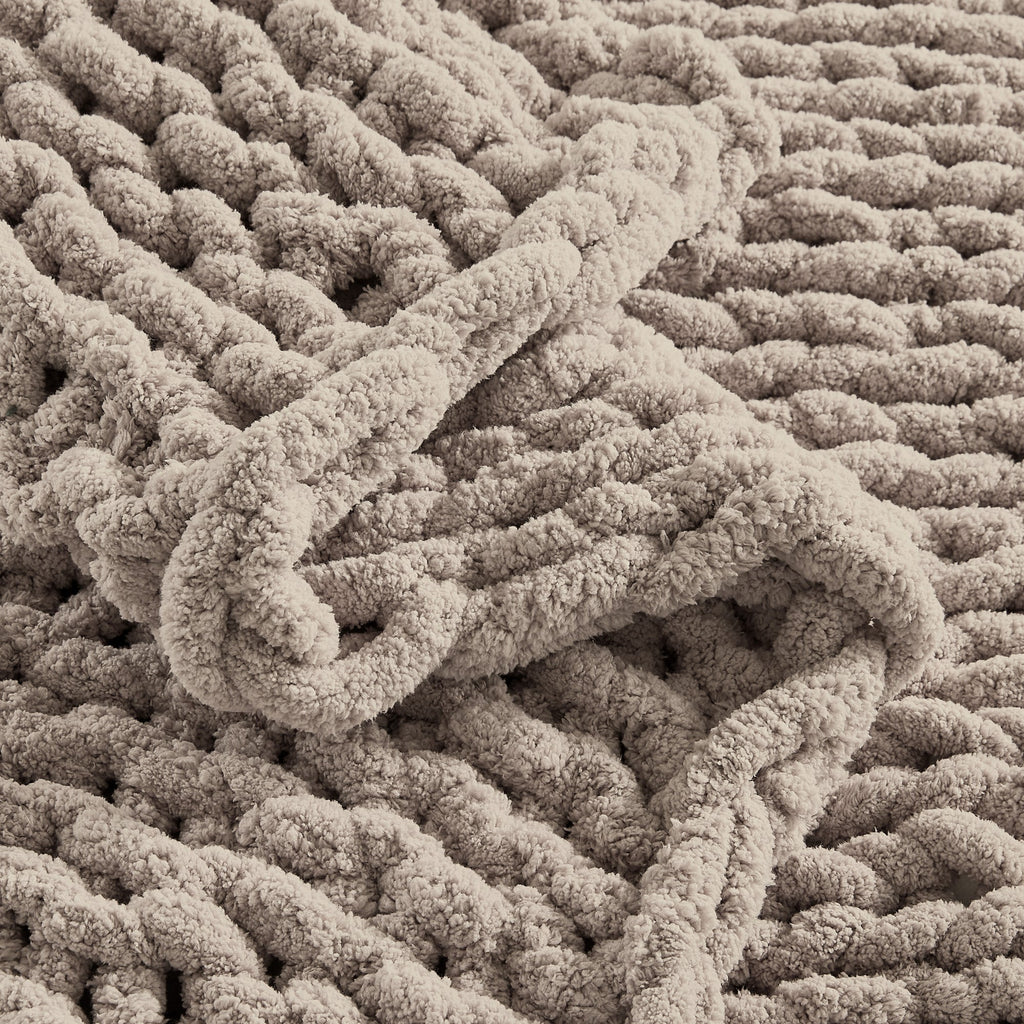 Reversible Sherpa Chunky Knit Throw Blanket Handmade Soft Throws for Couch Sofa Bed, 50" x 60" Taupe - Luxury Knitted Decorative Throw Blanket with Fringes Detail
