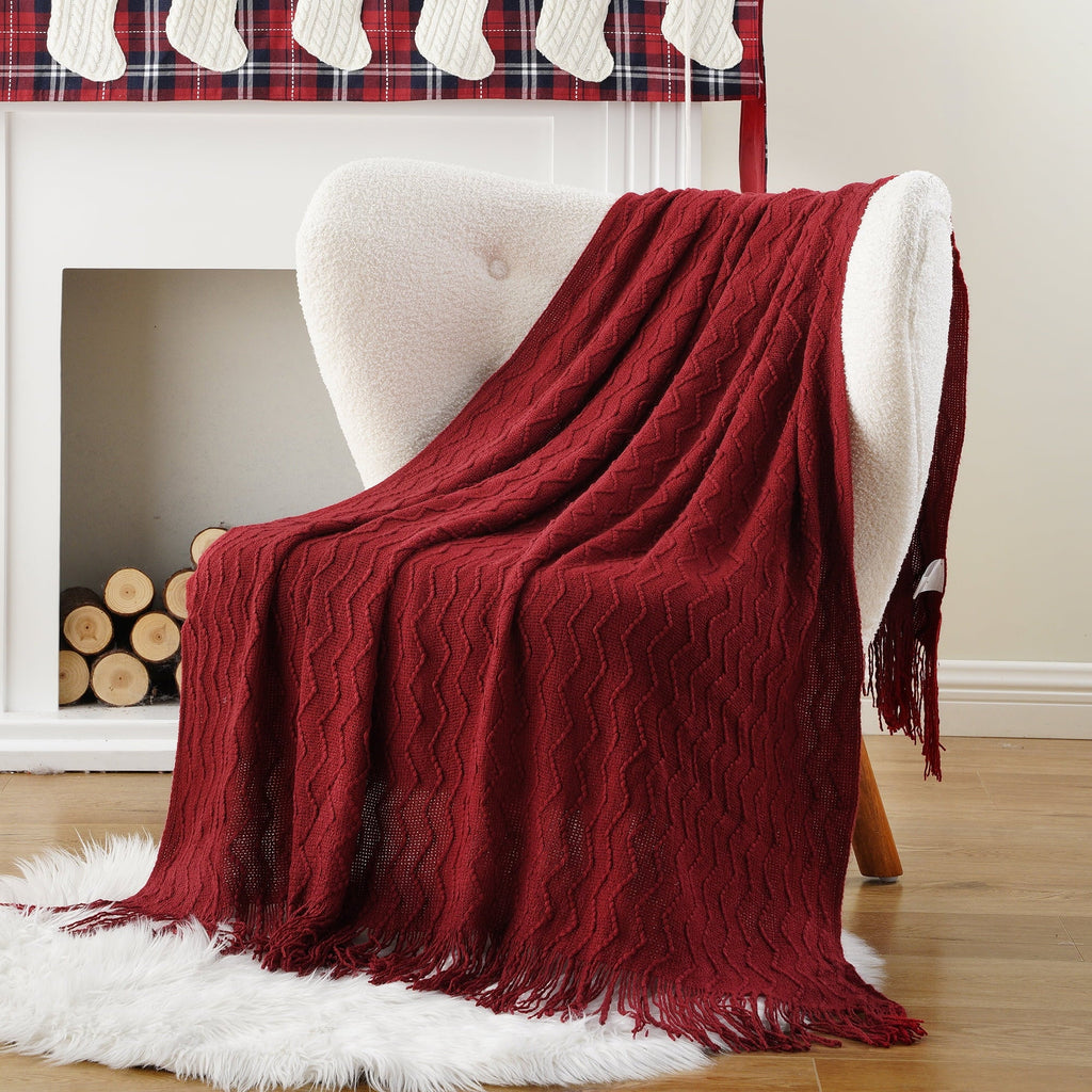 Reversible Sherpa Dark Red Blanket for Couch,Burgundy Knit Throw Blanket for Bedroom,Christmas Throw,50"x60" - Luxury Knitted Decorative Throw Blanket with Fringes Detail
