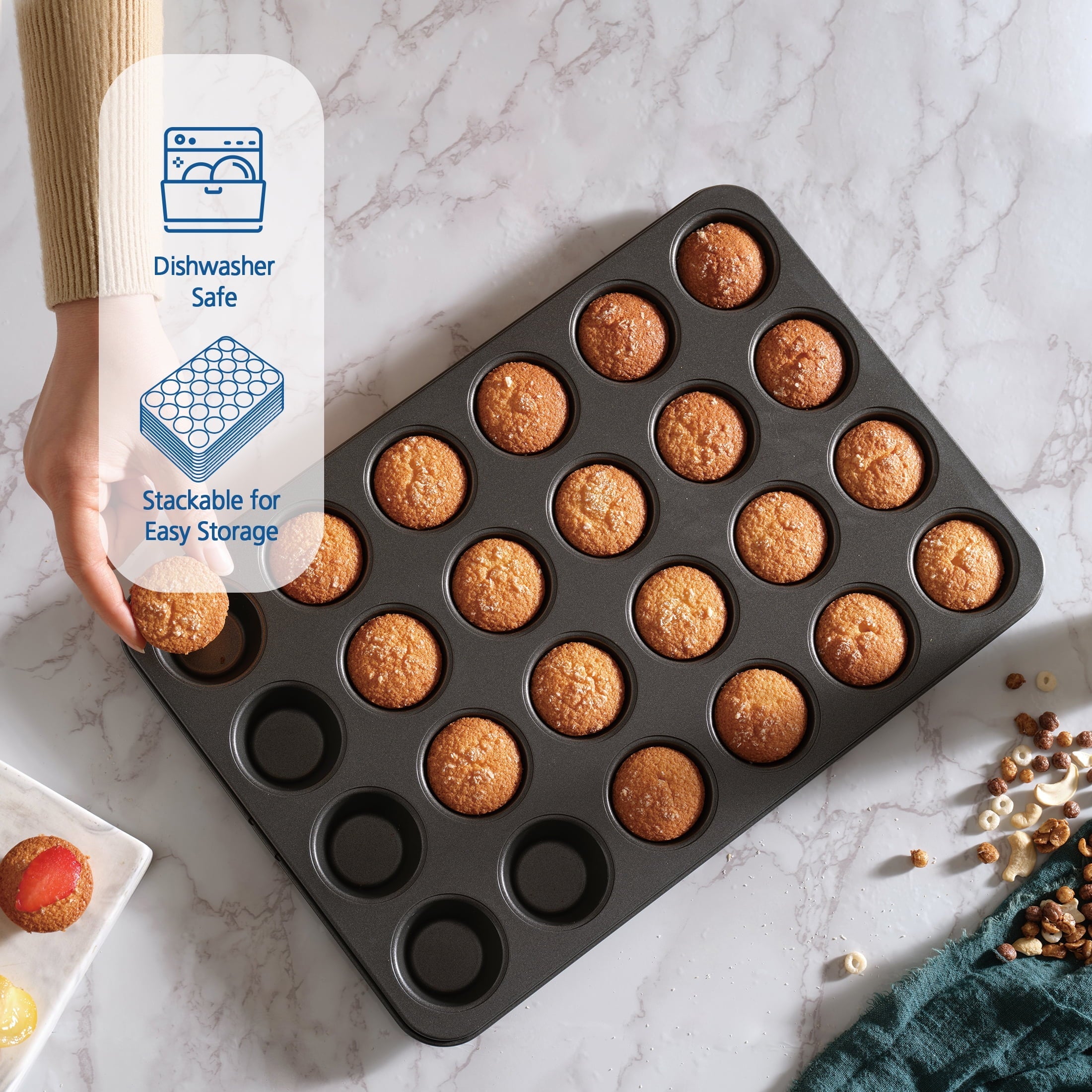 Innovative 24 Cavity Mini Muffin Pan, Non-Stick Bakeware,1.8 inch Diameter Cups,Gray,Carbon Steel - Premium Stainless Steel Garlic Presser & Peeler Detail