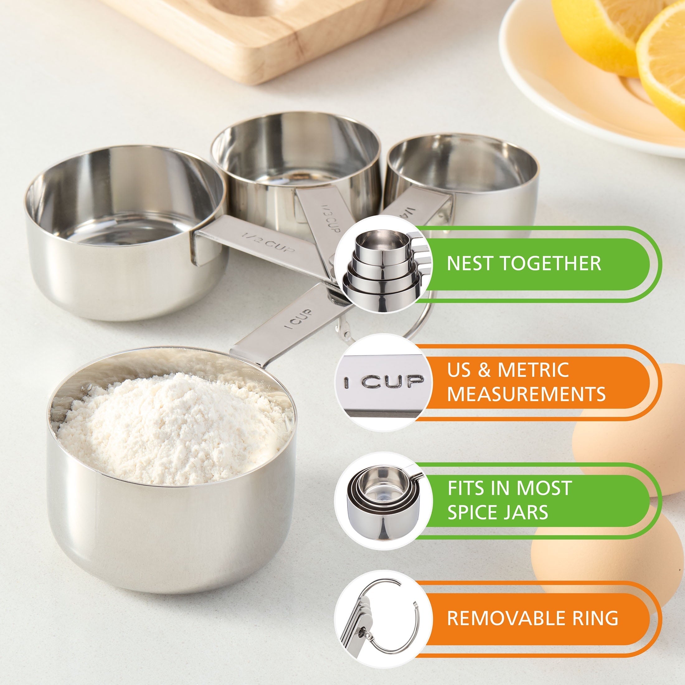 Time-Saving Kitchen Stainless Steel 4-Piece Nesting Measuring Cups - Premium Stainless Steel Garlic Presser & Peeler Detail