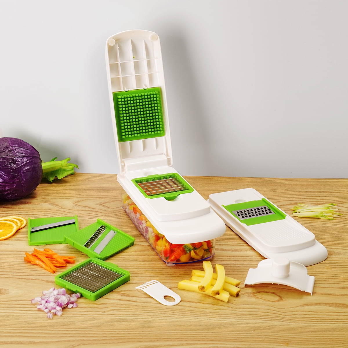 Innovative 11 Pieces Multi-Function Nice Dicer and Mandoline, Stainless Steel, Green Glaze, 820g - Multi-Functional Manual Food Chopper & Slicer Detail
