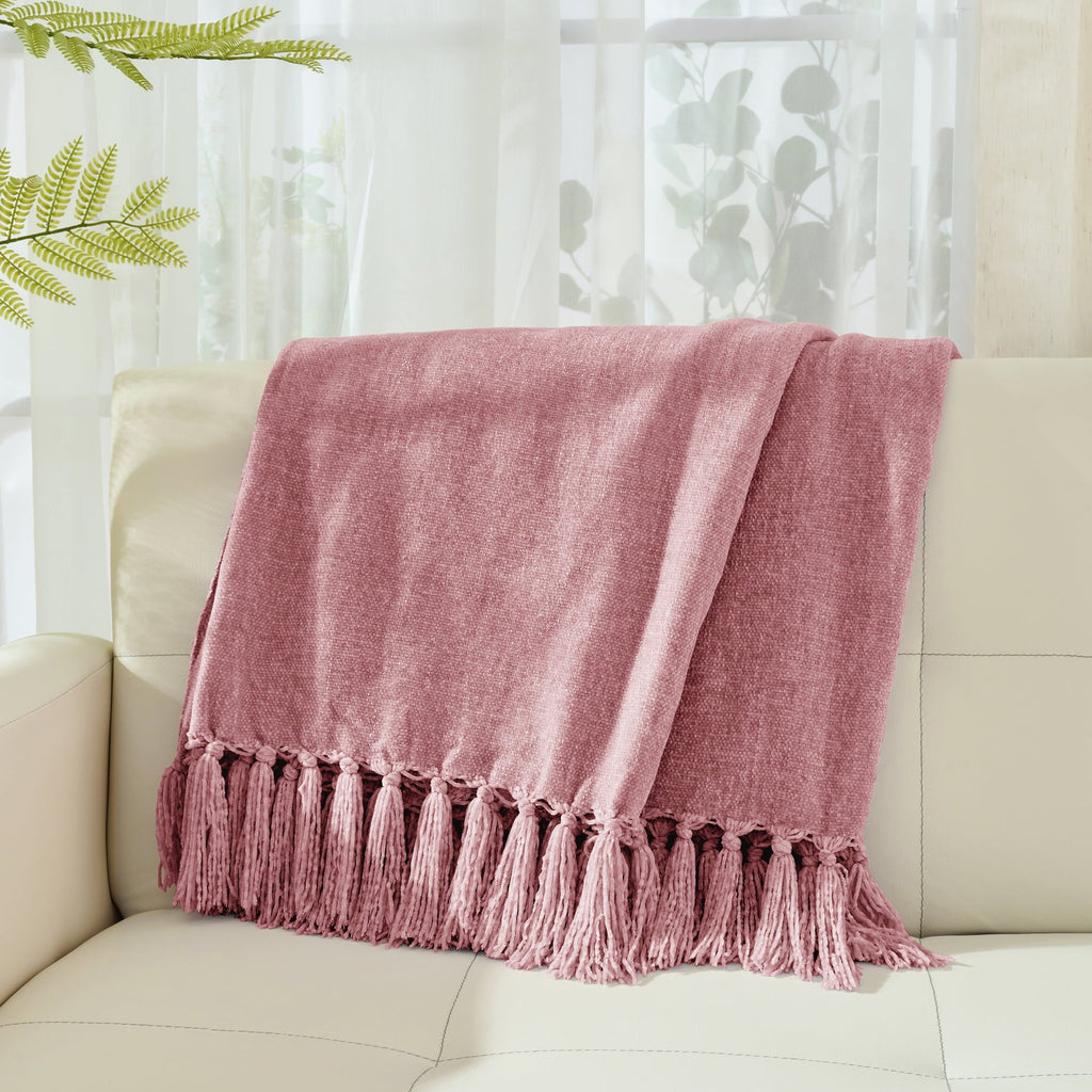Cozy Fleece Chenille Throw Blanket with Fringe Tassel for Couch Sofa Chair Bed, Mauve 50" X 70" - Super Soft Reversible Sherpa Flannel Blanket Detail
