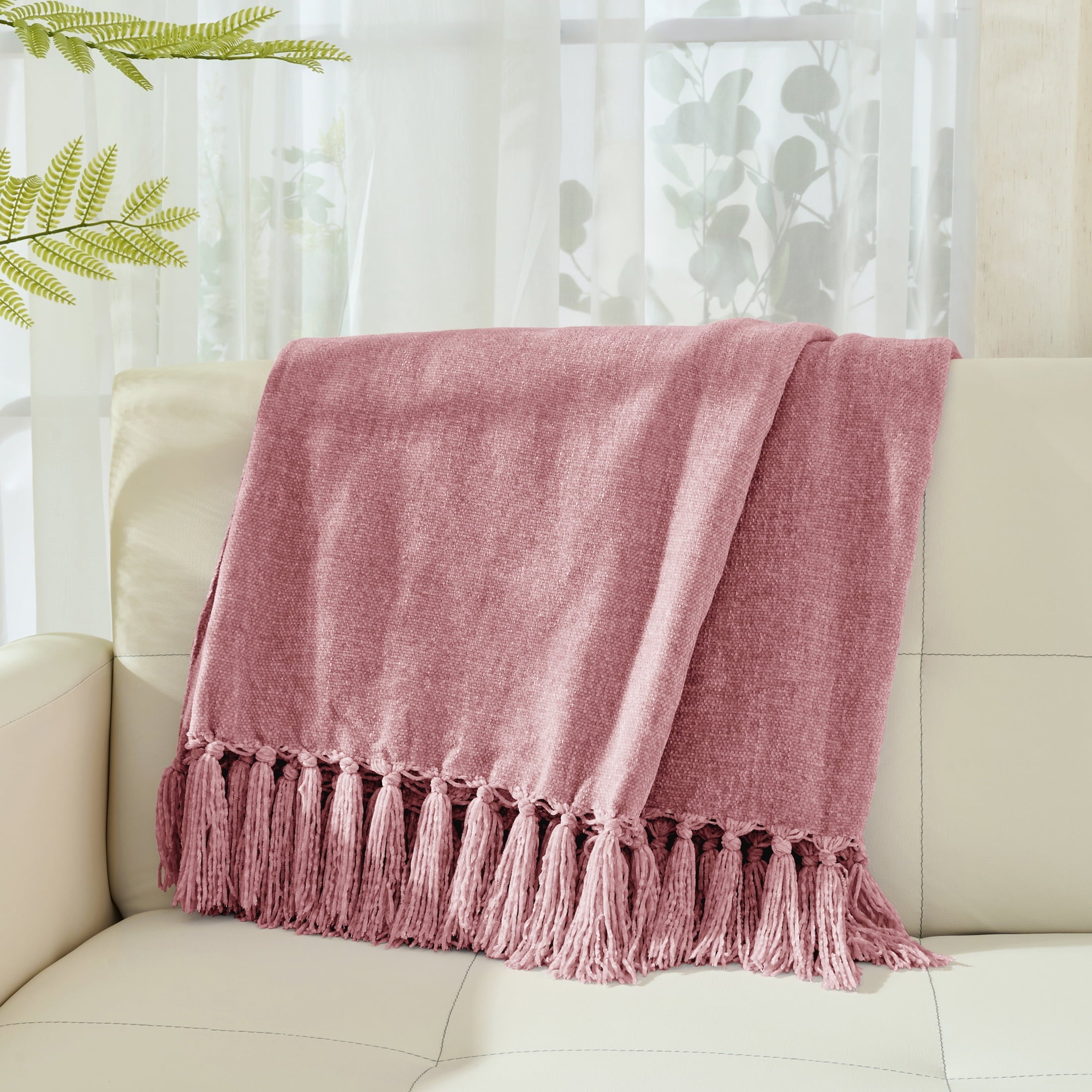Cozy Fleece Chenille Throw Blanket with Fringe Tassel for Couch Sofa Chair Bed, Mauve 50" X 70" - Super Soft Reversible Sherpa Flannel Blanket Detail