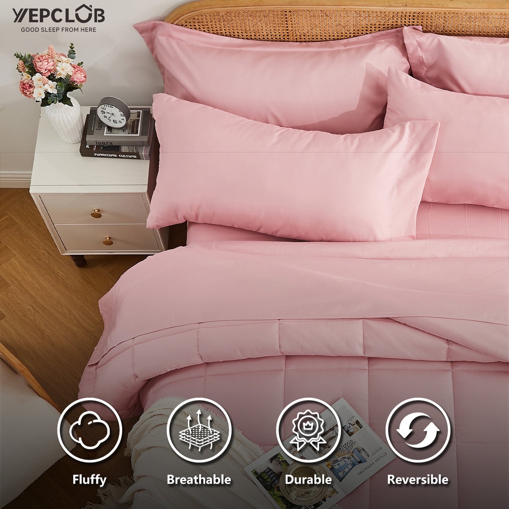 Heavyweight Warmth 7-Piece Queen Size Comforter Set,Pink Reversible Bed in a Bag,All Season Solid Bedding Set with Sheets,Pillowcases & ... - All-Season Down Alternative Comforter Insert Detail
