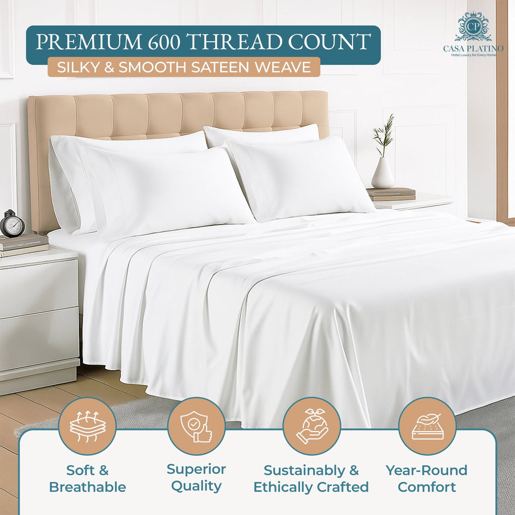 Wrinkle-Resistant Bed Sheets Set – 6 Piece, 600 Thread Count, 100% Cotton Sheets, Hotel Luxury Sateen Finish, 15" Deep Pocket, Easy to ... - Luxury Bed Sheet Set with Deep Pockets Detail