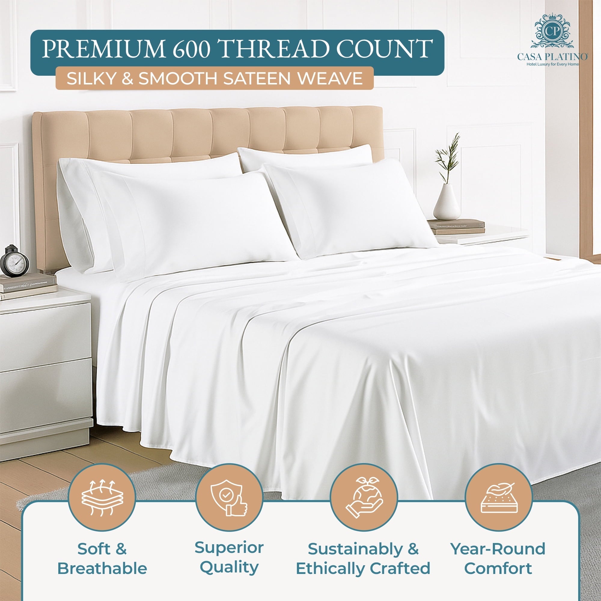 Wrinkle-Resistant Bed Sheets Set – 6 Piece, 600 Thread Count, 100% Cotton Sheets, Hotel Luxury Sateen Finish, 15" Deep Pocket, Easy to ... - Luxury Bed Sheet Set with Deep Pockets Detail