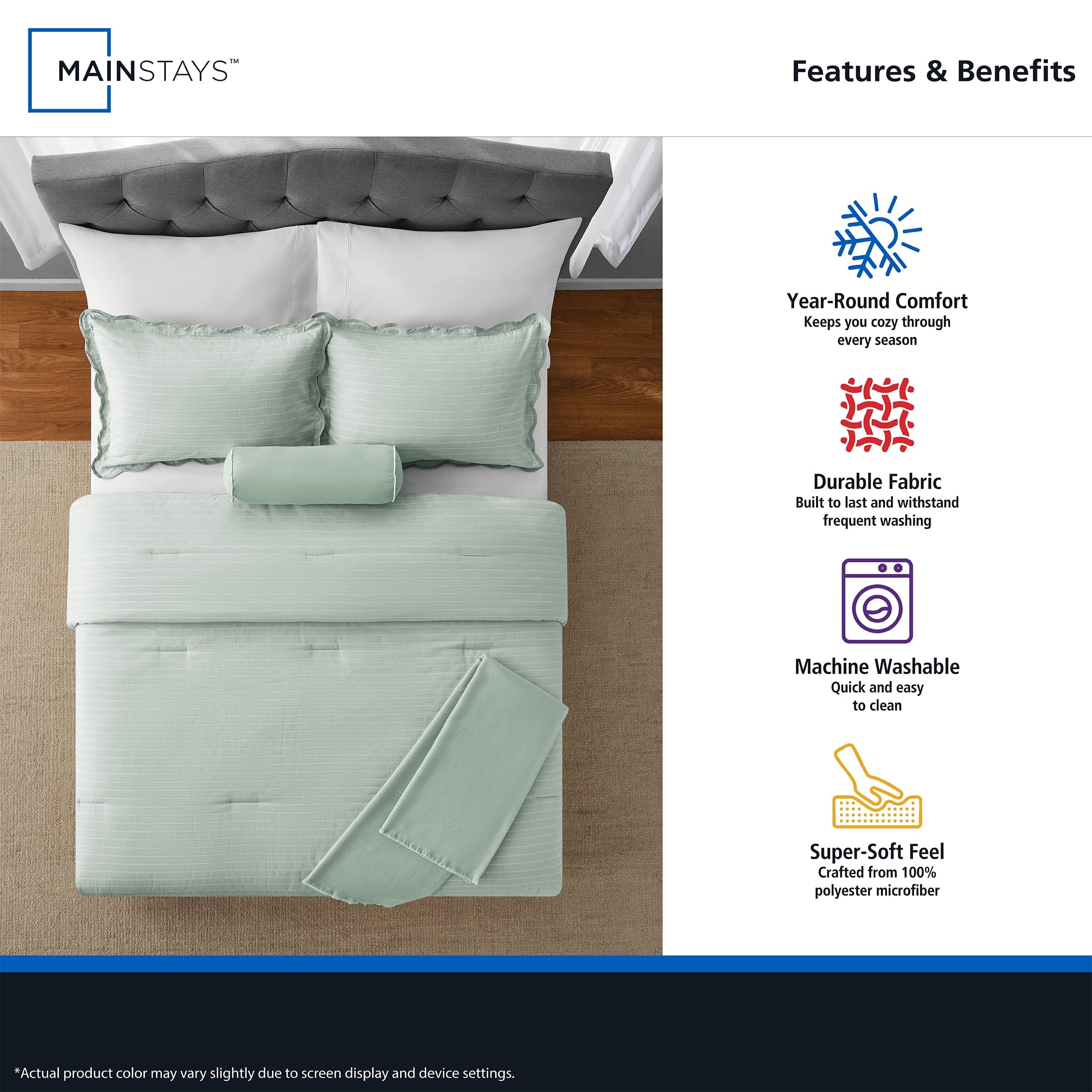 Luxurious Quilted Full/Queen Comforter Set, All-Season, 5-Piece, Sage Pick Stitch Scallop - All-Season Down Alternative Comforter Insert Detail
