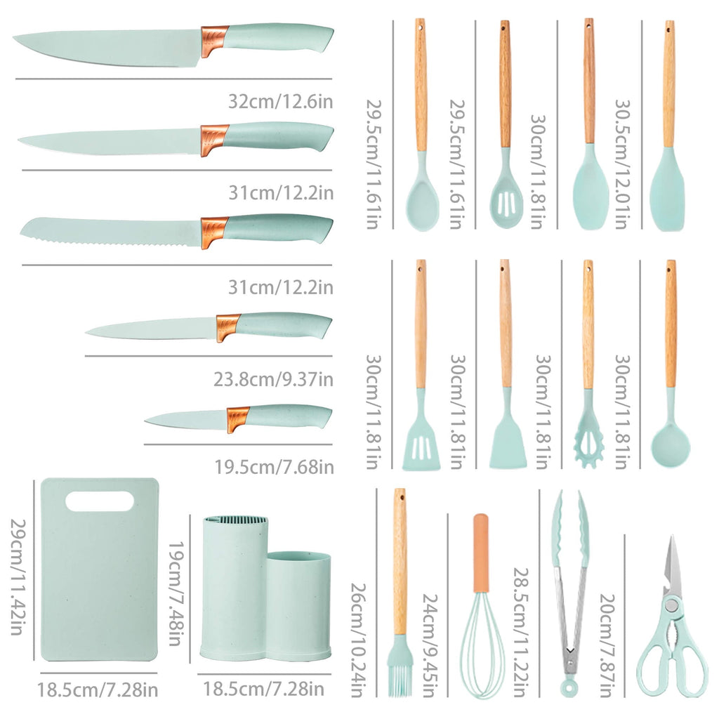 Non-Stick Safe 19pcs Silicone Kitchen Utensil Set, Heat-Resistant Non-Stick Easy Cooking Cleaning Home Light-Green - Ergonomic Kitchen Tongs and Cooking Spoon Utensil Detail