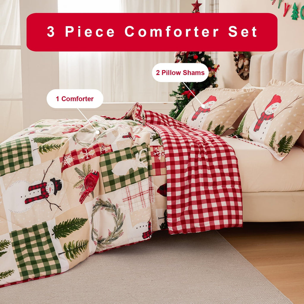 Fluffy Down Alternative 3 Pcs Christmas Comforter Set, Bed in a Bag Wreath Snowman Queen/Full Size Xmas Bedding Set Fitted Pillowcases for Adult - All-Season Down Alternative Comforter Insert Detail