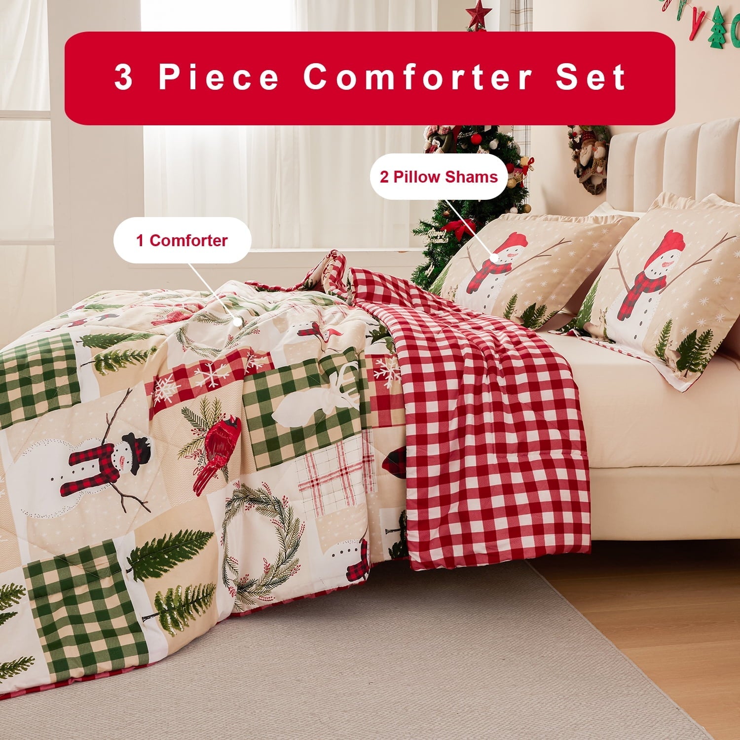 Fluffy Down Alternative 3 Pcs Christmas Comforter Set, Bed in a Bag Wreath Snowman Queen/Full Size Xmas Bedding Set Fitted Pillowcases for Adult - All-Season Down Alternative Comforter Insert Detail