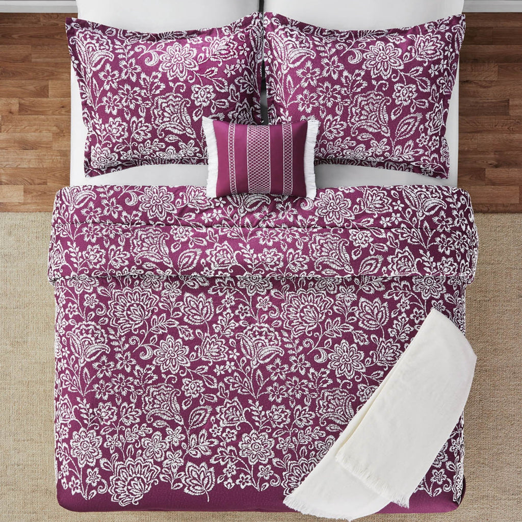 Luxurious Quilted 5-Piece Jacquard Comforter Set with Decor Pillow and Throw Purple Flocking Embroidery Bedding Set, Full/Queen - Hypoallergenic Ultra-Fluffy Quilt for Winter Detail