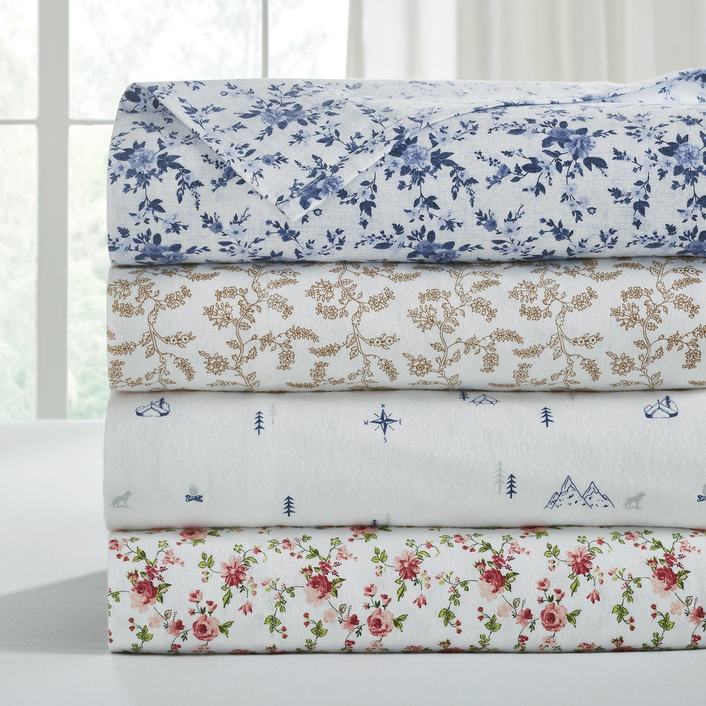Ultra-Soft 3-Piece Brittany Printed Cotton Flannel Adult Bed Sheet Set, Twin - Premium Ultra-Soft Pillowcase Pair for Sleeping Detail