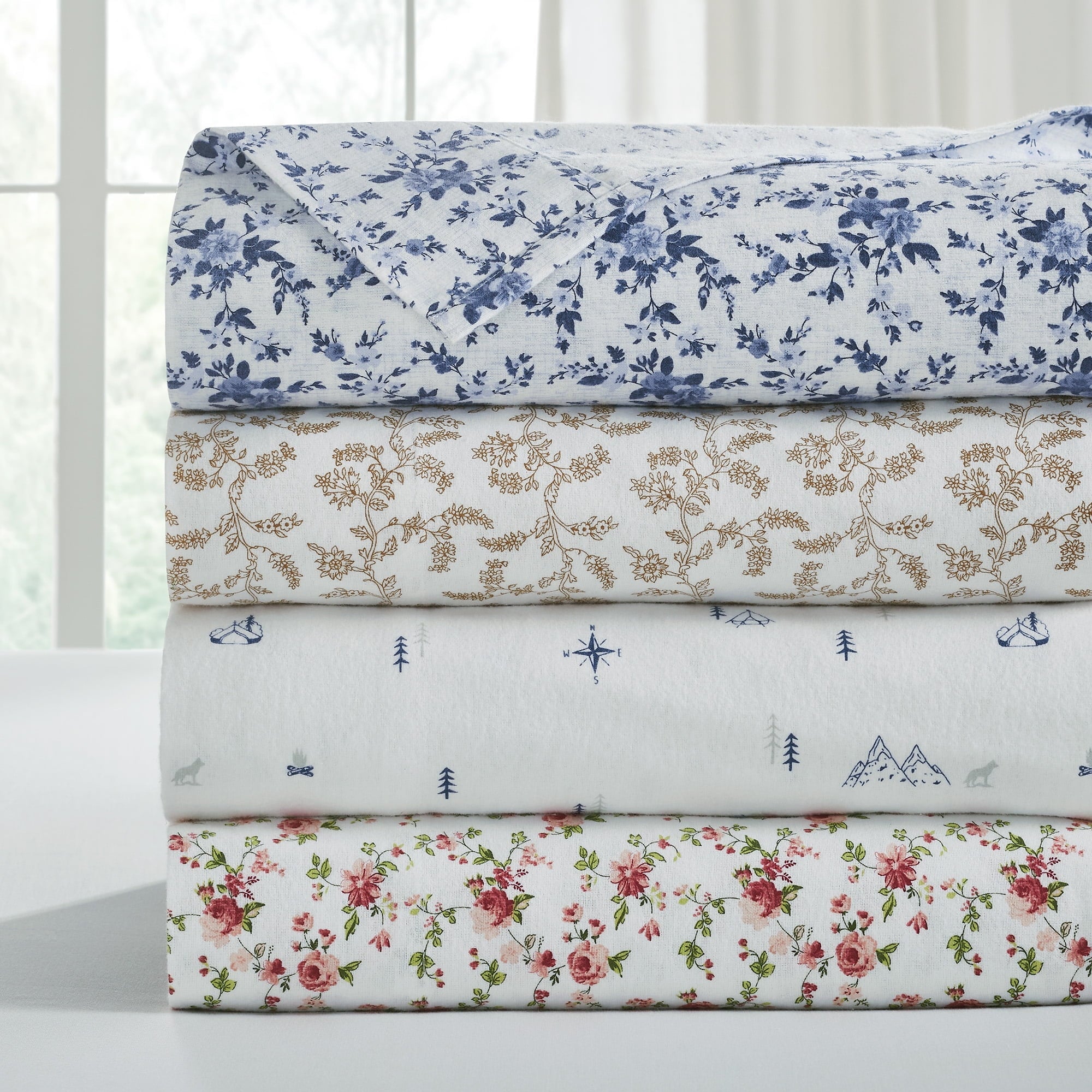 Ultra-Soft 3-Piece Brittany Printed Cotton Flannel Adult Bed Sheet Set, Twin - Premium Ultra-Soft Pillowcase Pair for Sleeping Detail