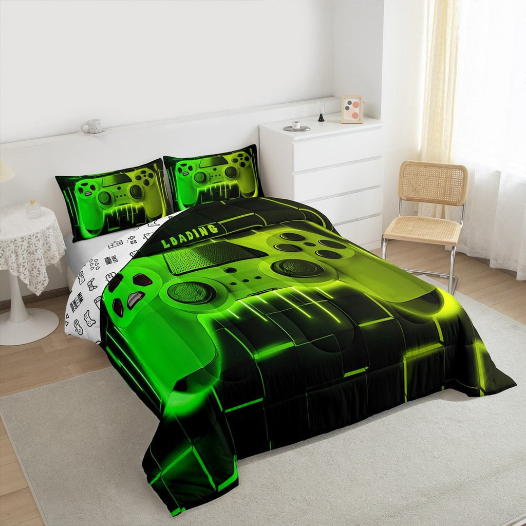 Heavyweight Warmth Green Yellow Gaming Full Size Comforter Sets - Gamer Comforter Full Size Bedding Set, Neon Lights Abstract Geometry D... - Hypoallergenic Ultra-Fluffy Quilt for Winter Detail