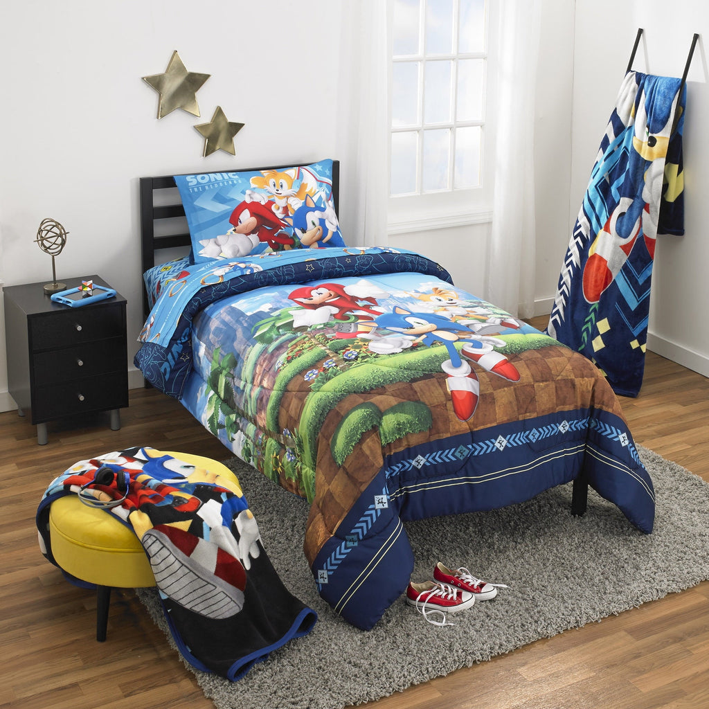 Fluffy Down Alternative Sonic the Hedgehog Kids 2 Piece Blue Green Reversible Comforter and Pillowcase set, Twin/full - Hypoallergenic Ultra-Fluffy Quilt for Winter Detail