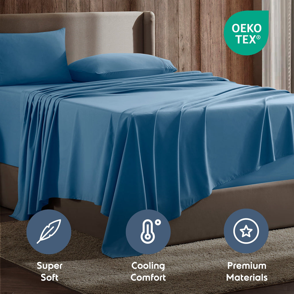 Wrinkle-Resistant Split King Sheet Sets, Deep Pocket 5 Piece, Luxury Soft Microfiber Bed Sheet Sets, BLUE HEAVEN - Breathable Egyptian Cotton Flat & Fitted Sheets Detail