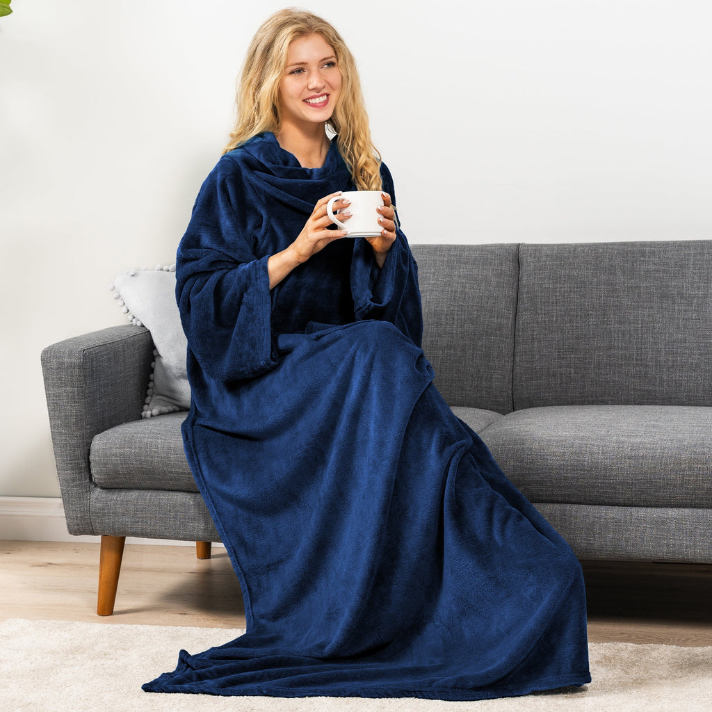 Decorative Knitted Navy Blue Fleece Wearable Blanket with Sleeves for Adults Women Men, Soft Warm Full Body Wrap Throw, Sweatshirt Pocke... - Super Soft Reversible Sherpa Flannel Blanket Detail