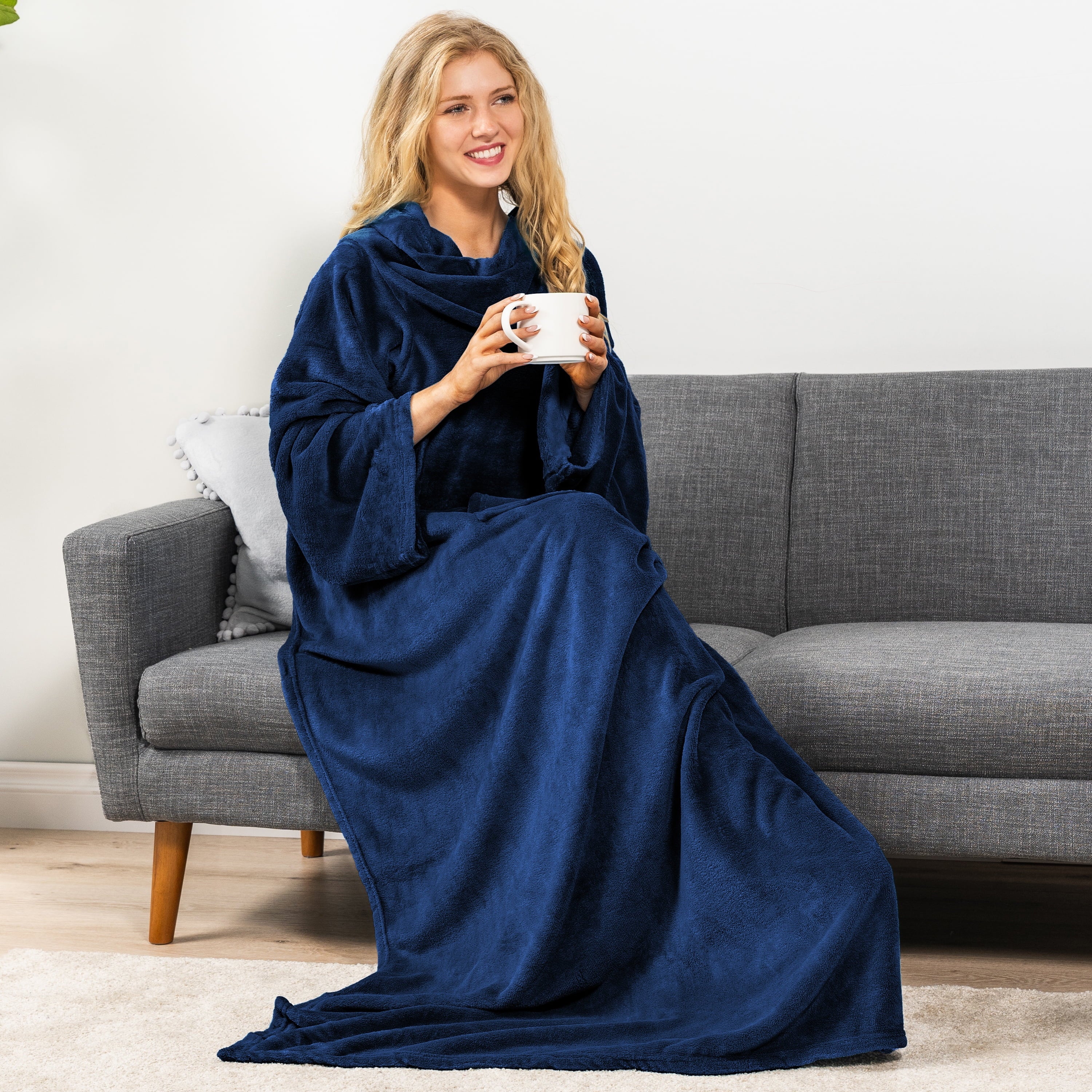 Decorative Knitted Navy Blue Fleece Wearable Blanket with Sleeves for Adults Women Men, Soft Warm Full Body Wrap Throw, Sweatshirt Pocke... - Super Soft Reversible Sherpa Flannel Blanket Detail