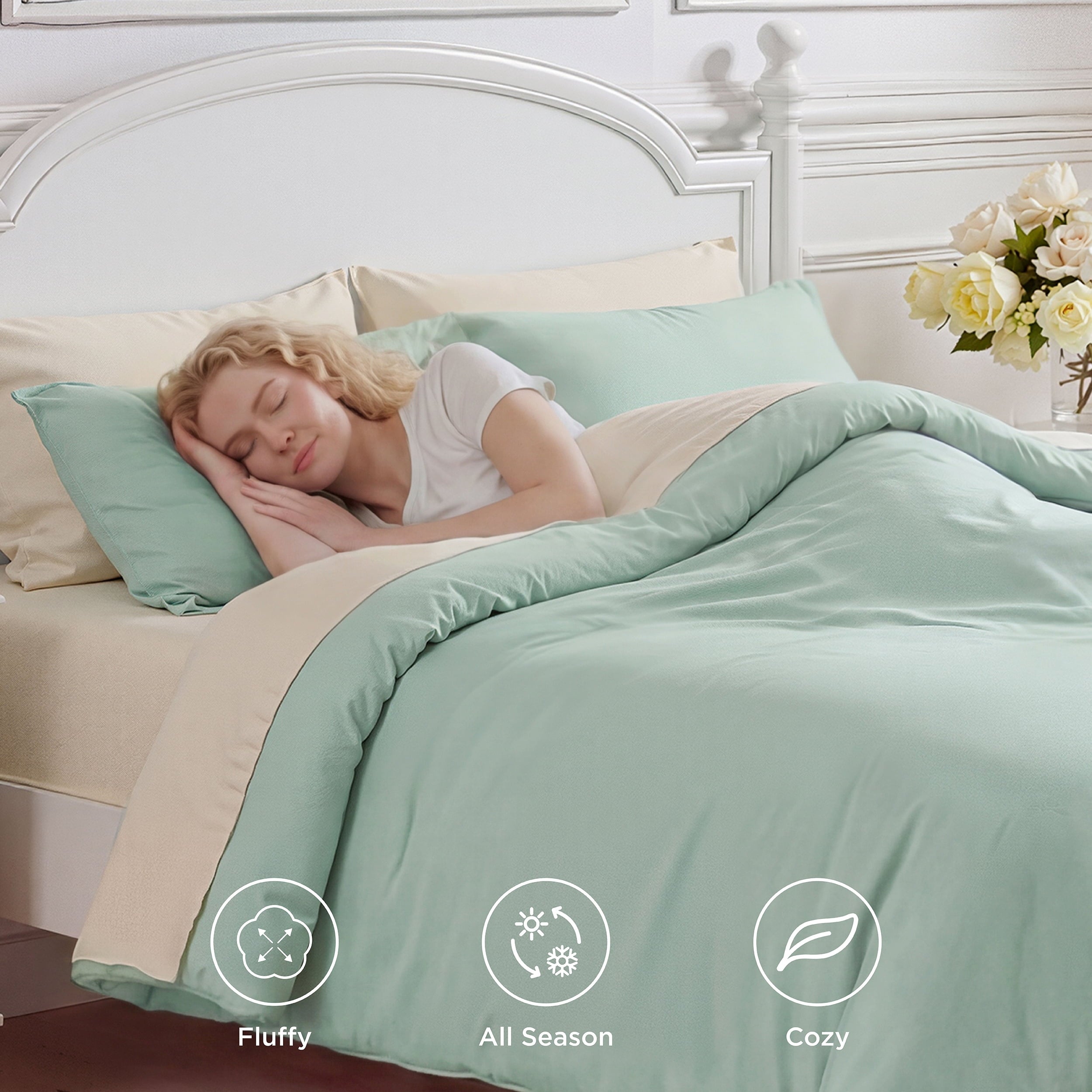 Hypoallergenic Cloud Queen Comforter Set Sage Green, 7 Pieces Lightweight Queen Bedding Sets, Contrasting Design - All-Season Down Alternative Comforter Insert Detail