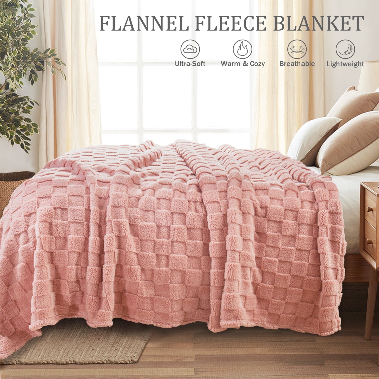 Super Soft Flannel Fleece Throw Blanket for Couch, Super Soft Warm Lightweight Checkered Pattern Blanket for All Seasons, Pink, 50"x60" - Luxury Knitted Decorative Throw Blanket with Fringes Detail