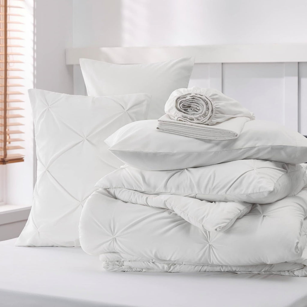 Heavyweight Warmth White Queen Comforter Set- 7 Pieces Pintuck Bedding Set with Comforters, Sheets, Pillowcases & Shams - Luxurious Quilted Duvet Cover Set Detail