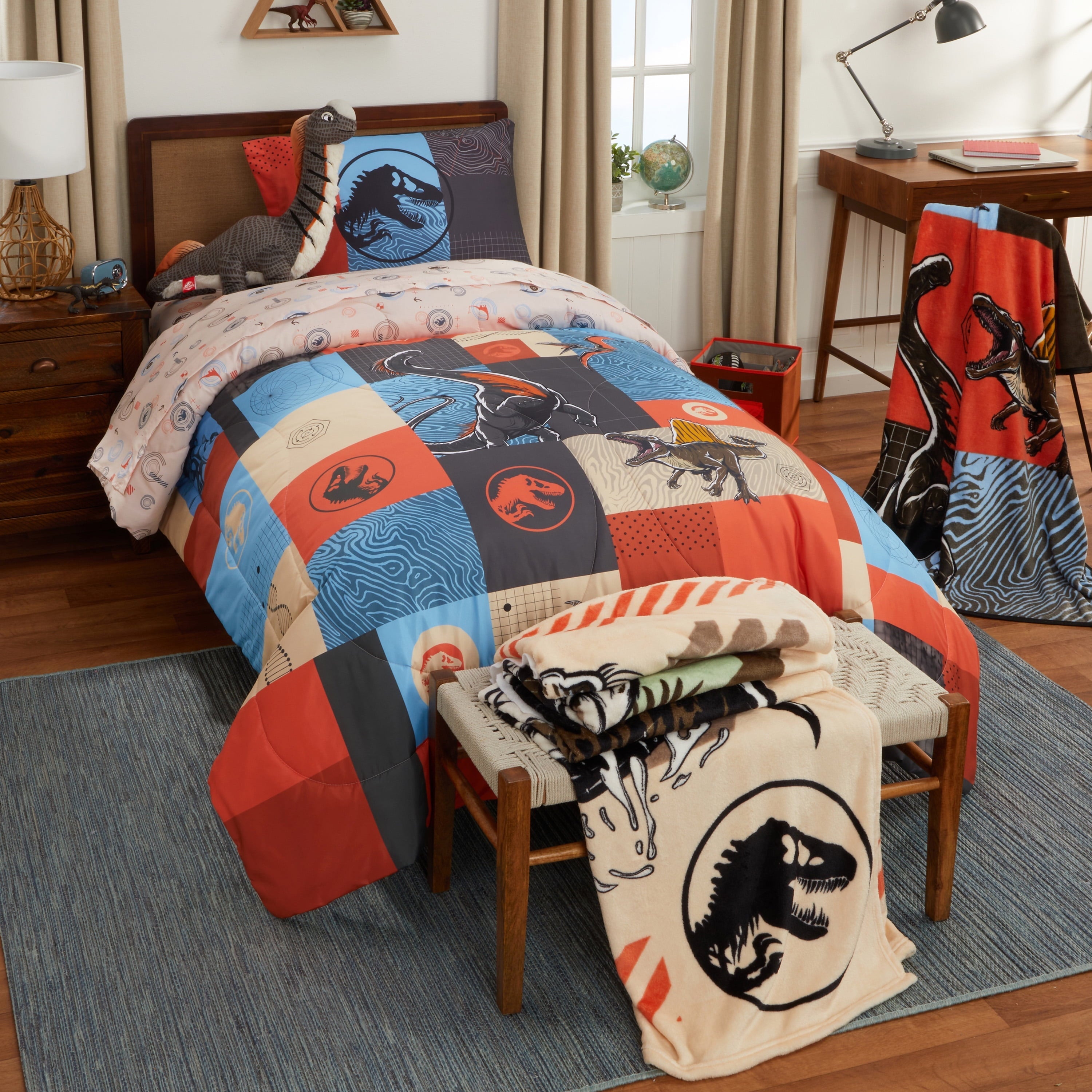 All-Season Kids 2 Piece Blue Orange Reversible Dinosaur Comforter and Pillowcase set, Twin/full - Cloud-Like Soft Lightweight Bed Comforter Detail