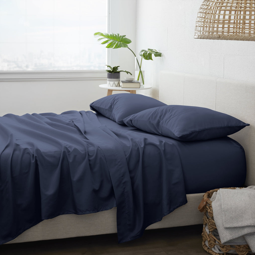 Ultra-Soft 4 Piece Solid Microfiber Bed Sheet Set, Navy, Queen - Premium Ultra-Soft Pillowcase Pair for Sleeping Detail