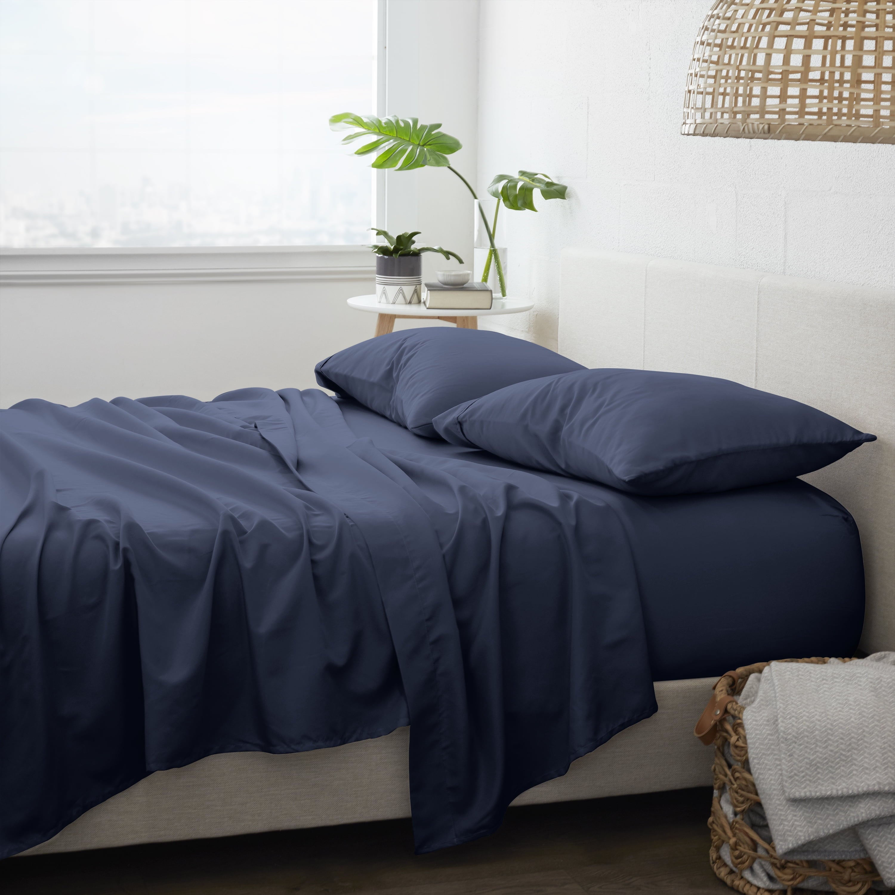 Ultra-Soft 4 Piece Solid Microfiber Bed Sheet Set, Navy, Queen - Premium Ultra-Soft Pillowcase Pair for Sleeping Detail