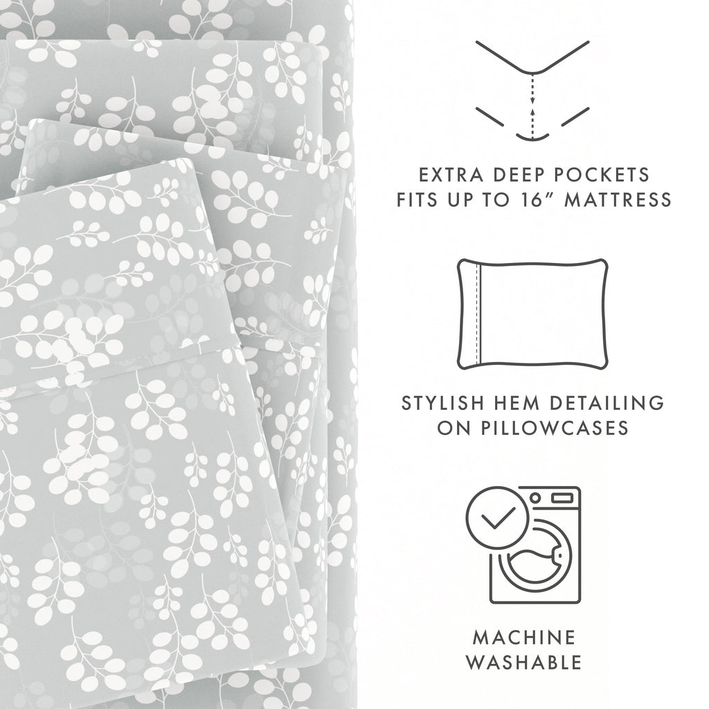 Wrinkle-Resistant 4 Piece Pattern Microfiber Bed Sheets Set, Gray Wheat, Full - Luxury Bed Sheet Set with Deep Pockets Detail