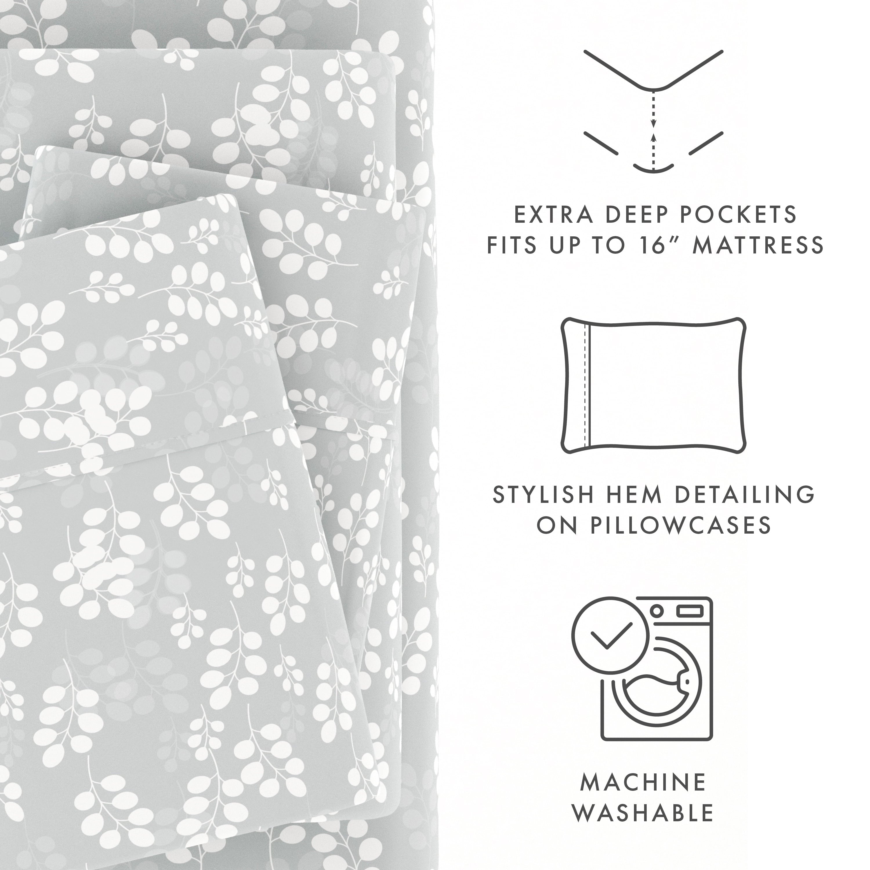 Wrinkle-Resistant 4 Piece Pattern Microfiber Bed Sheets Set, Gray Wheat, Full - Luxury Bed Sheet Set with Deep Pockets Detail