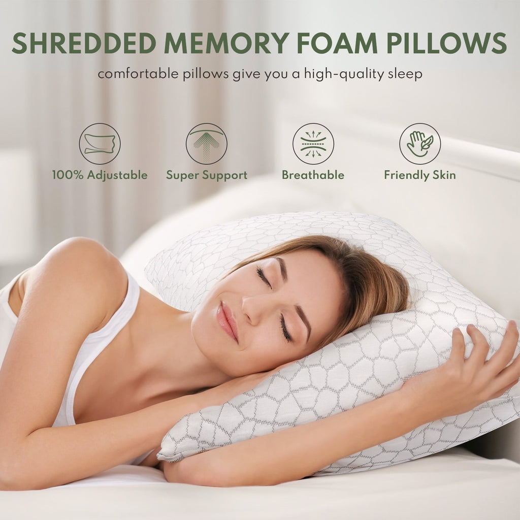 Hotel Collection Queen Size Bed Pillows 4-Pack,3.3lb Shredded Memory Foam Filled,Hyper Soft & 3D Breathable Cooling Desigh Cover Fitti... - Ergonomic Memory Foam Pillow for Neck Pain Support Detail