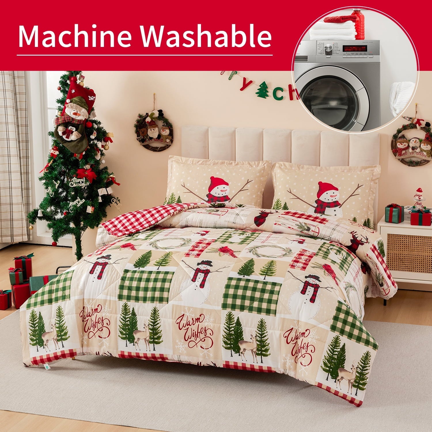 Fluffy Down Alternative 3 Pcs Christmas Comforter Set, Bed in a Bag Wreath Snowman Queen/Full Size Xmas Bedding Set Fitted Pillowcases for Adult - All-Season Down Alternative Comforter Insert Detail