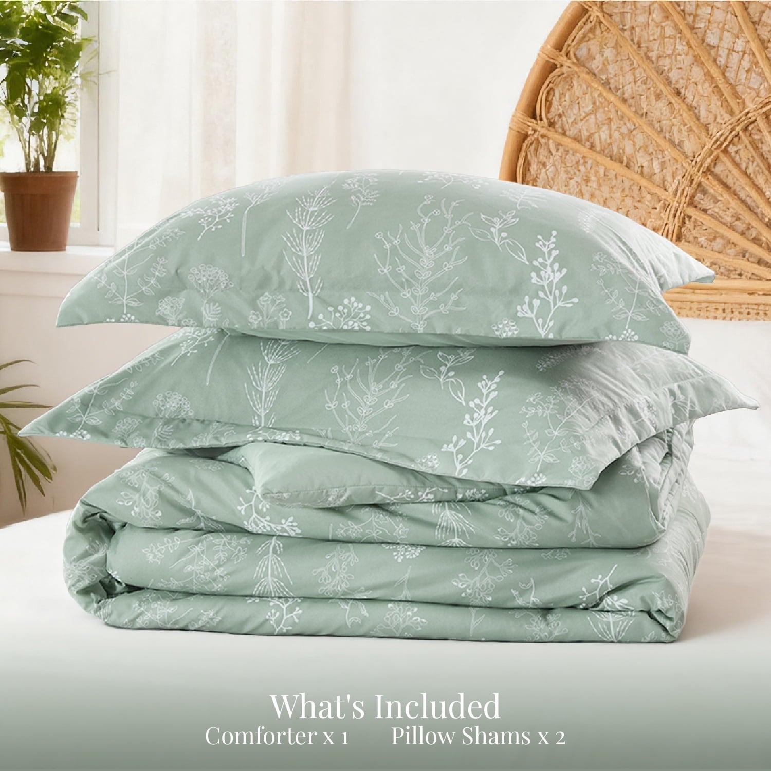 All-Season 3 Pieces Sage Green Floral Comforter Sets, 1 Botanical Flowers Reversible Comforter and 2 Pillow Shams, Queen Size Be... - All-Season Down Alternative Comforter Insert Detail