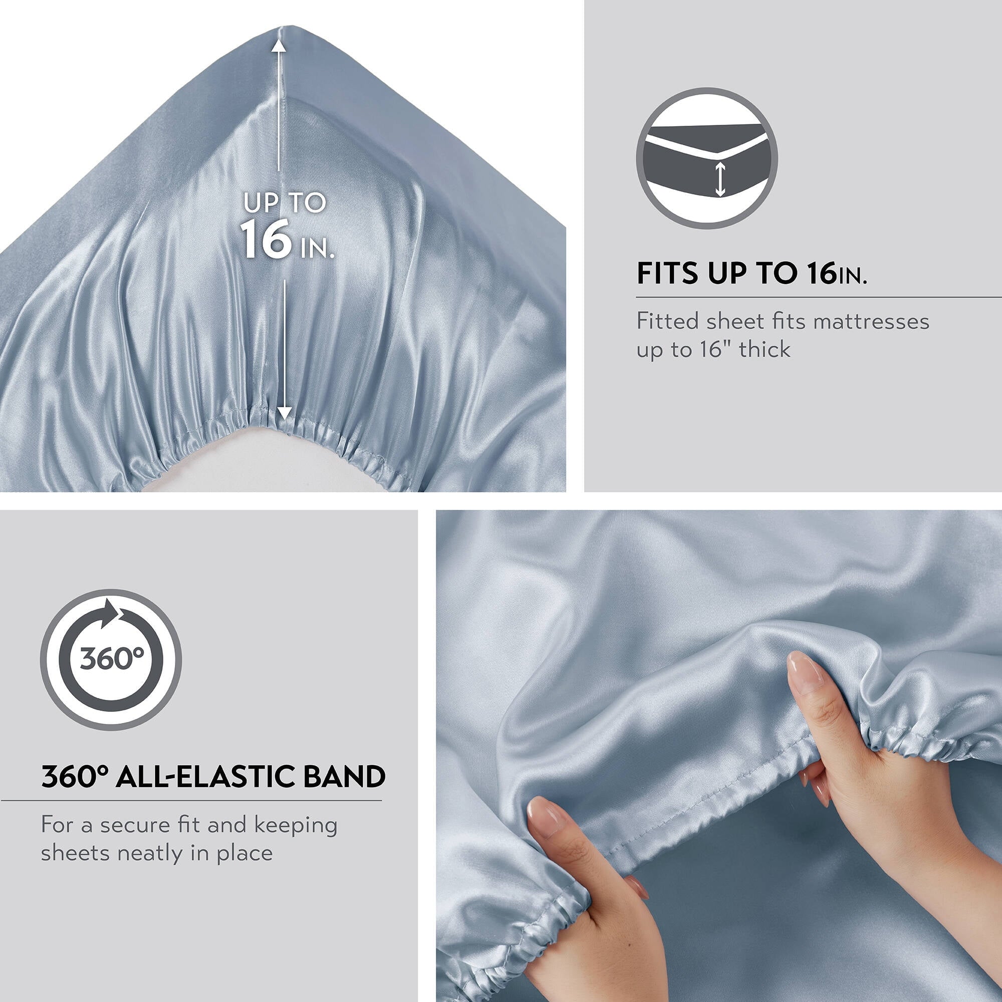 Cooling Sateen Satin Sheet Set, Twin Bed Sheets with Pillowcases, 4-Piece Luxury Silky Sheet Set, Blue, Gifts for Women - Breathable Egyptian Cotton Flat & Fitted Sheets Detail
