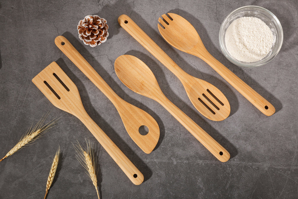 Ergonomic Cooking 5pk Bamboo Spoons for Cooking, Kitchen Essential Tools Set - Durable Turner & Ladle Utensil Set for Home Chefs Detail