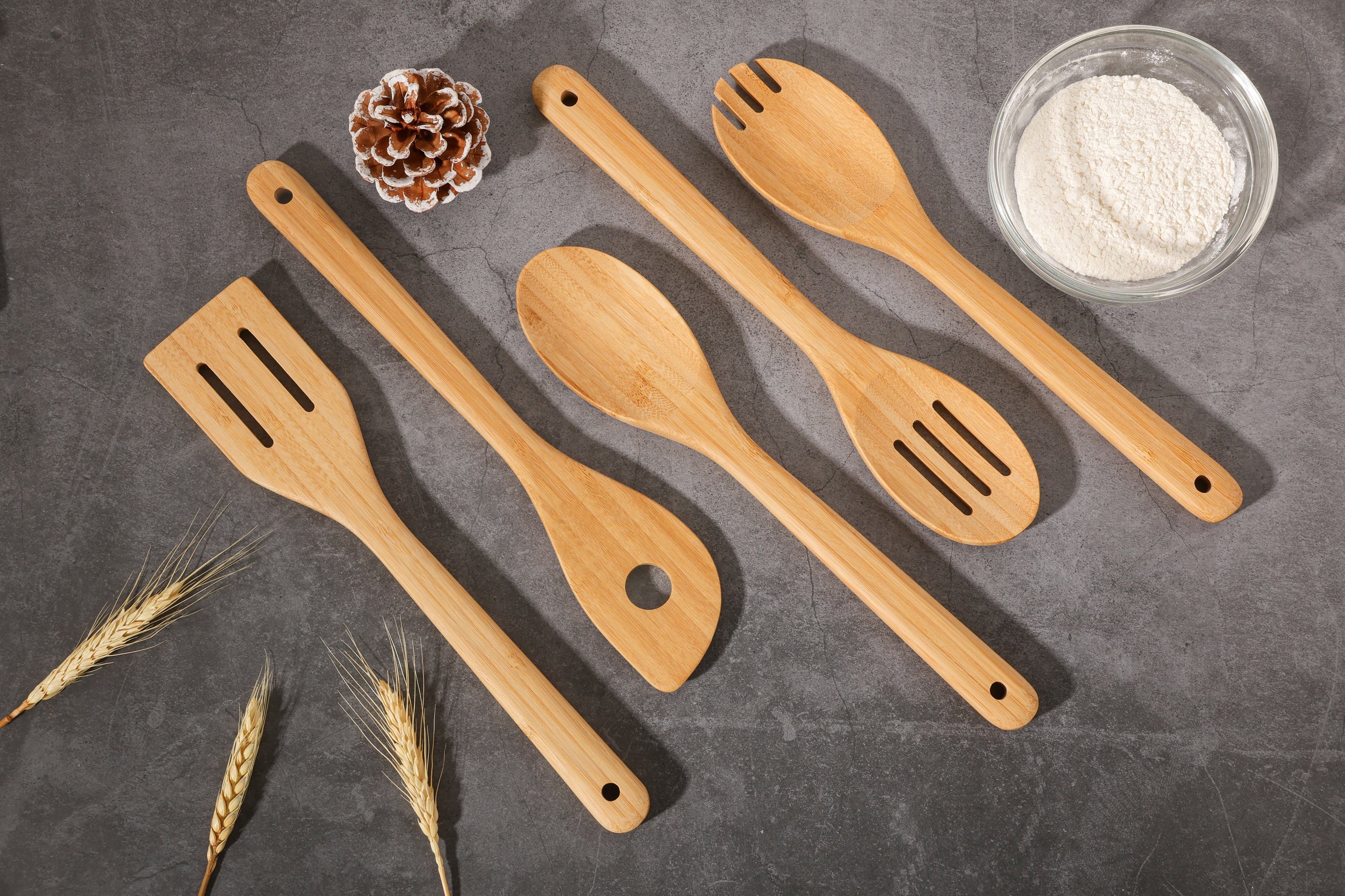 Ergonomic Cooking 5pk Bamboo Spoons for Cooking, Kitchen Essential Tools Set - Durable Turner & Ladle Utensil Set for Home Chefs Detail
