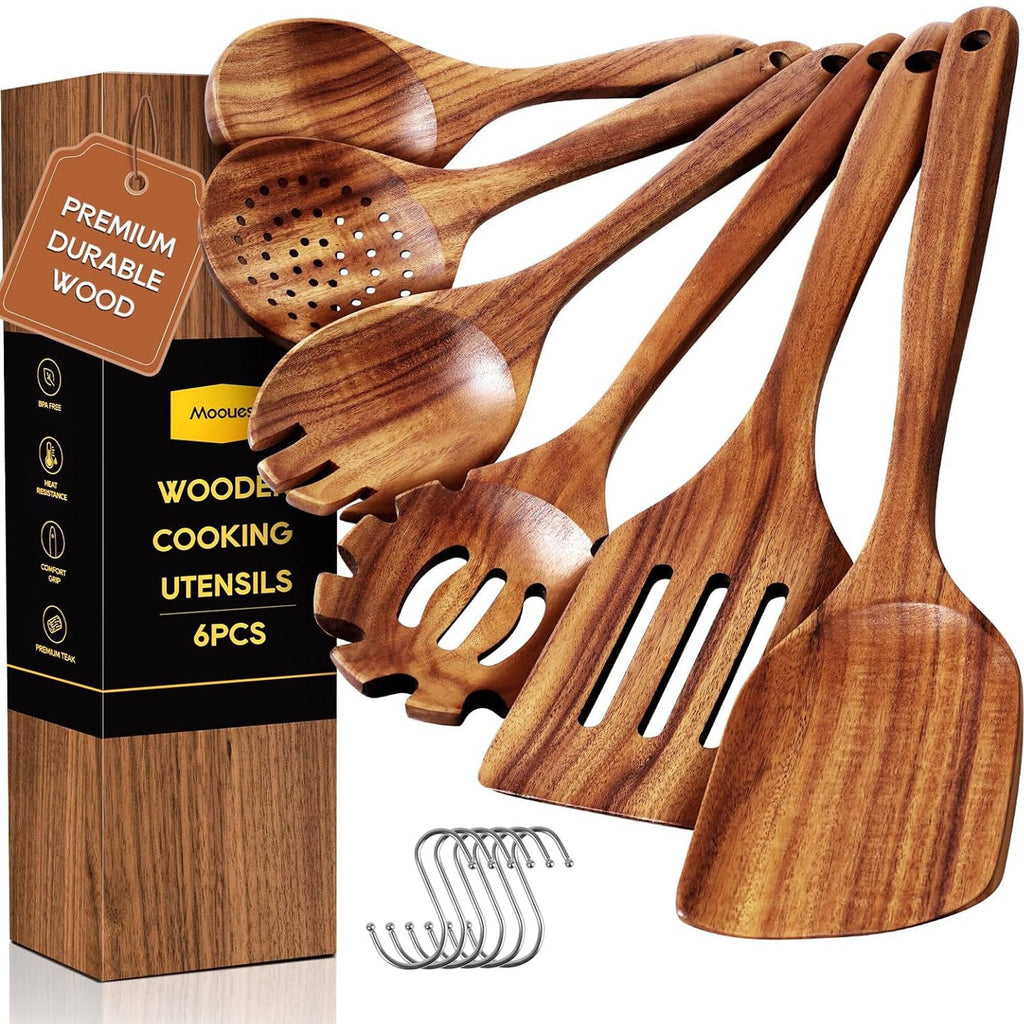 Ergonomic Cooking 6-Piece Natural Teak Wooden Spoons for Cooking With 10 Hooks，Handcrafted Kitchen Utensils Set ，Ideal Gift Set - Durable Turner & Ladle Utensil Set for Home Chefs - Default Title