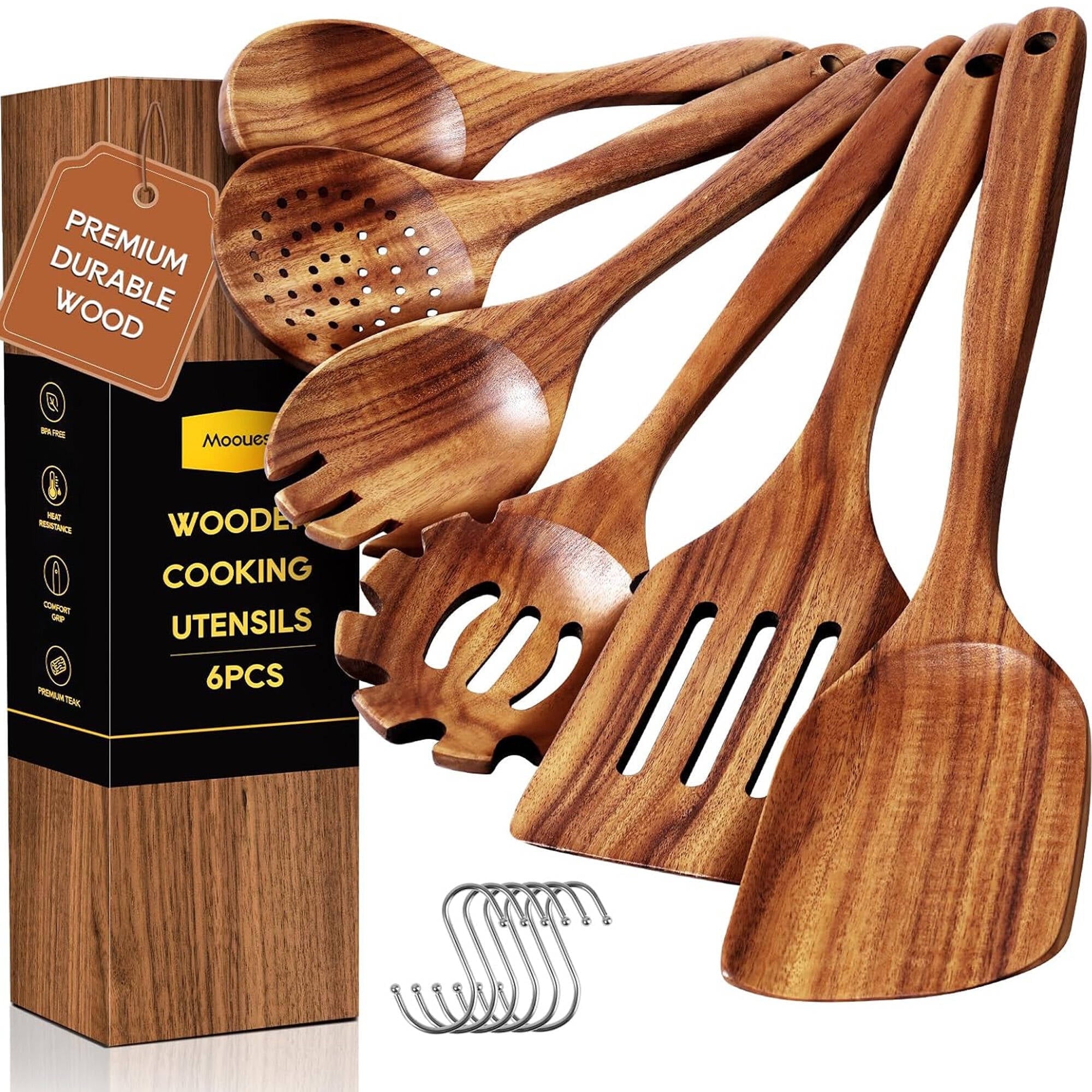 Ergonomic Cooking 6-Piece Natural Teak Wooden Spoons for Cooking With 10 Hooks，Handcrafted Kitchen Utensils Set ，Ideal Gift Set - Durable Turner & Ladle Utensil Set for Home Chefs - Default Title