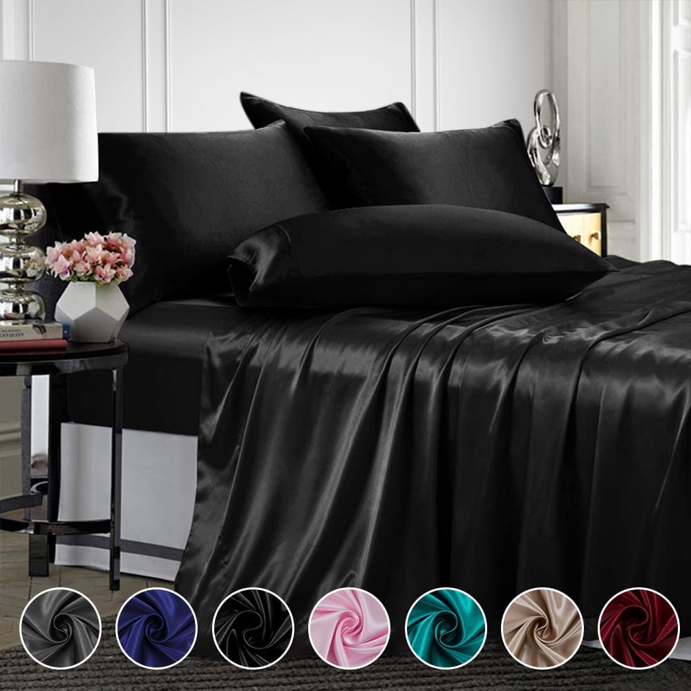 Cooling Sateen Twin Silk Gray Bed Sheet Set Deep Pocket Bed Flat Fitted Sheet, 3-Pieces - Premium Ultra-Soft Pillowcase Pair for Sleeping - Default Title