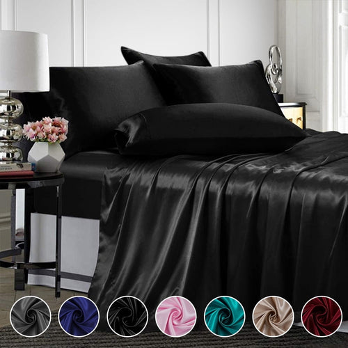 Cooling Sateen Twin Silk Gray Bed Sheet Set Deep Pocket Bed Flat Fitted Sheet, 3-Pieces - Premium Ultra-Soft Pillowcase Pair for Sleeping - Default Title