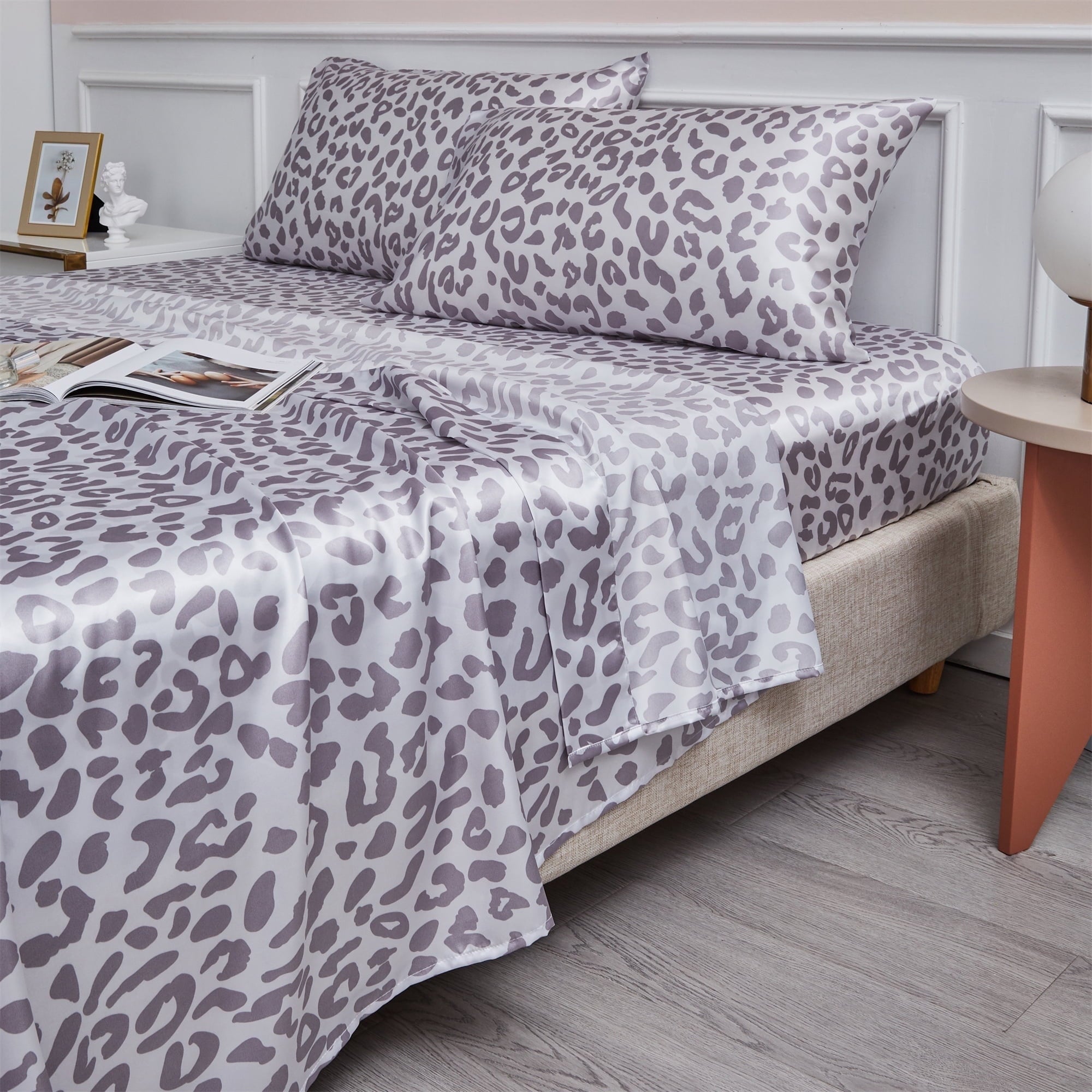 Breathable Luxury Satin Sheets Twin Silk Sheets Silver Leopard Bed Sheet Set Deep Pocket Bed Flat Fitted Sheet, 3-Pieces - Luxury Bed Sheet Set with Deep Pockets - Default Title