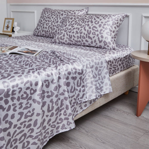 Breathable Luxury Satin Sheets Twin Silk Sheets Silver Leopard Bed Sheet Set Deep Pocket Bed Flat Fitted Sheet, 3-Pieces - Luxury Bed Sheet Set with Deep Pockets - Default Title