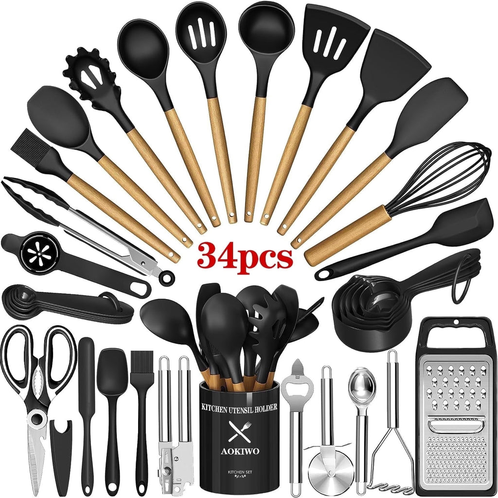 Non-Stick Safe Kitchen Utensil Set, 34Pieces Silicone Cooking Utensil Set with Wooden Handle, Heat Resistant Spatula Set Gadg... - Ergonomic Kitchen Tongs and Cooking Spoon Utensil - Default Title