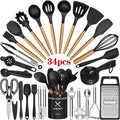 Non-Stick Safe Kitchen Utensil Set, 34Pieces Silicone Cooking Utensil Set with Wooden Handle, Heat Resistant Spatula Set Gadg... - Ergonomic Kitchen Tongs and Cooking Spoon Utensil - Default Title