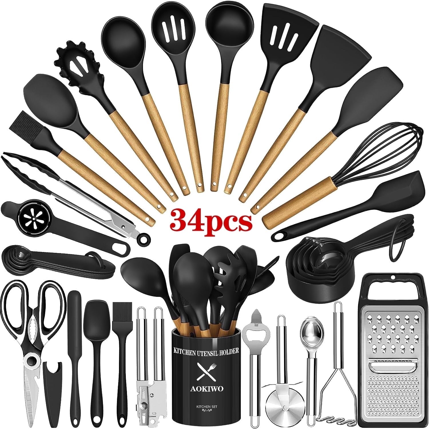 Non-Stick Safe Kitchen Utensil Set, 34Pieces Silicone Cooking Utensil Set with Wooden Handle, Heat Resistant Spatula Set Gadg... - Ergonomic Kitchen Tongs and Cooking Spoon Utensil - Default Title
