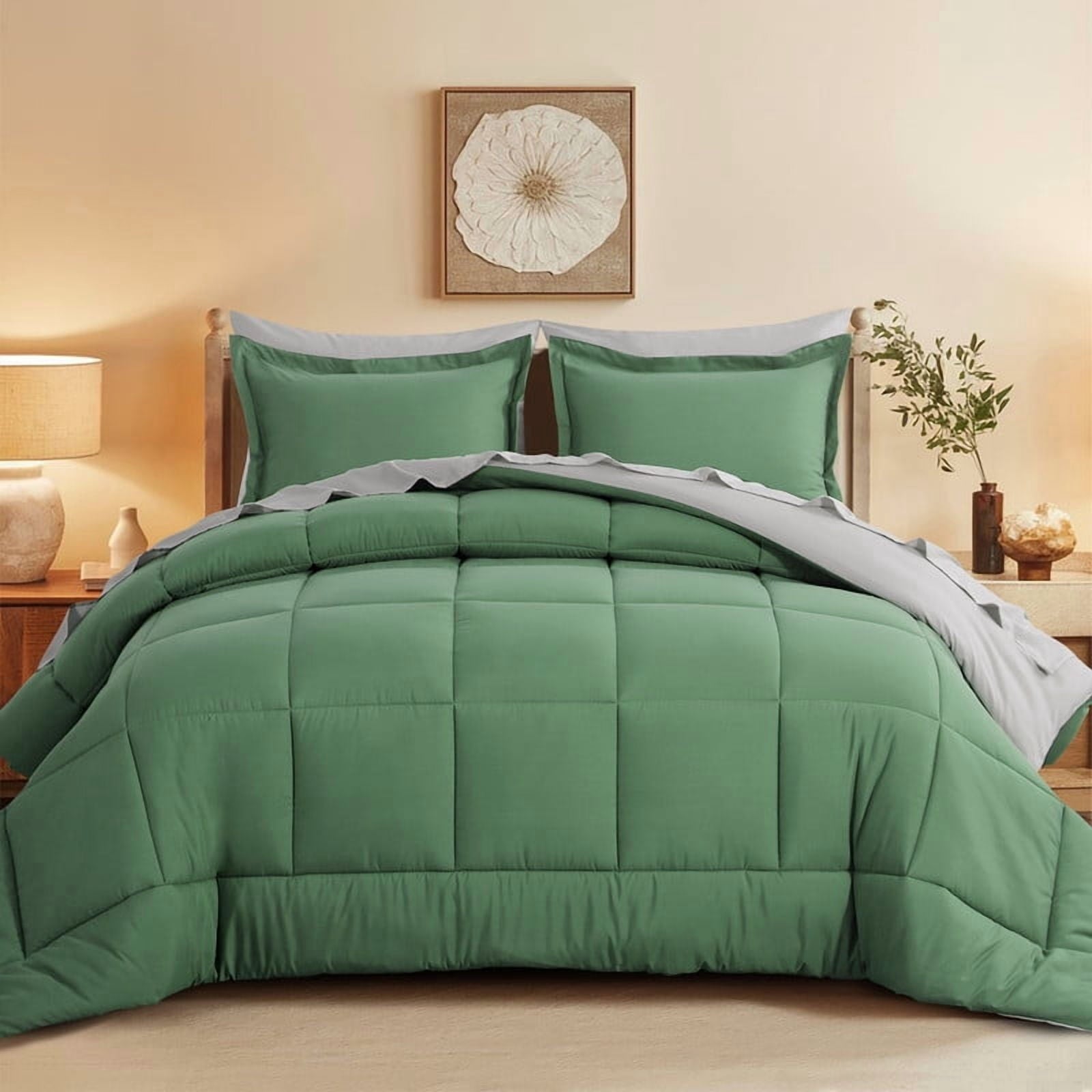 Hypoallergenic Cloud Grass Green/Grey Queen Size Comforter Set,3-Pieces Reversible Comforter Set Soft and Lightweight,All Season Down Alte... - All-Season Down Alternative Comforter Insert - Default Title