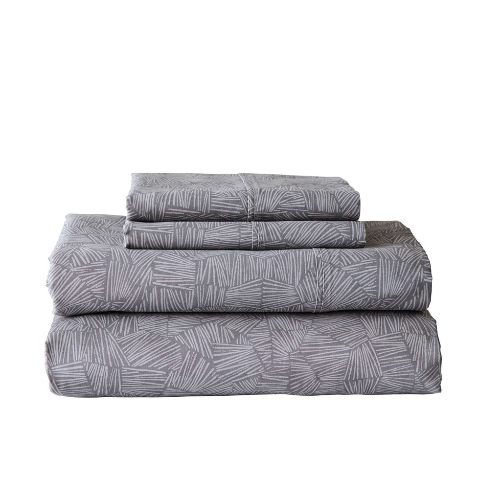 Cooling Sateen 300 Thread Count 4-Piece Cotton Percale Ziggy Geo Print Grey Bed Sheet Set, King - Premium Ultra-Soft Pillowcase Pair for Sleeping - Default Title