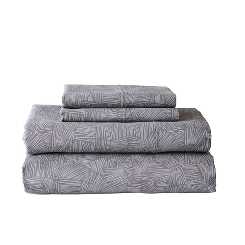 Breathable Luxury 300 Thread Count 4-Piece Cotton Percale Ziggy Geo Print Grey Flannel Bed Sheet Set, Queen - Cooling Hotel Quality Bedding Sheets and Pillowcases - Default Title