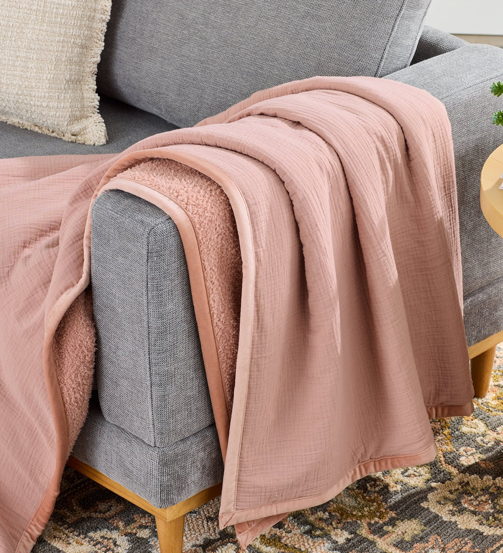 Reversible Sherpa Gauze Reverse to Cozy Knit Super Soft Throw Blanket, Oversized, Antique Blush - Lightweight Plush Warm Blanket for All Seasons - Default Title