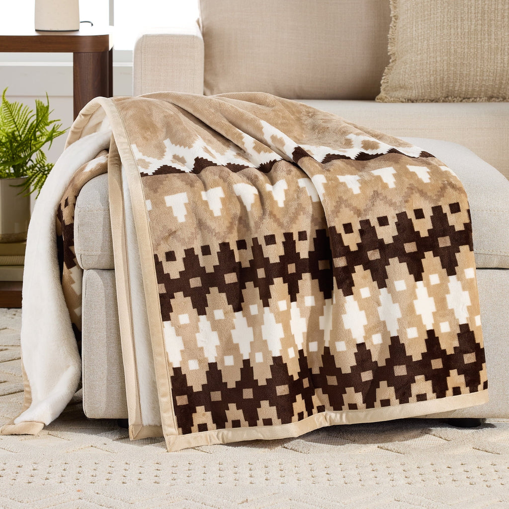 Decorative Knitted Printed Velvet Plush Reverse to Faux Fur Super Soft Throw Blanket, Oversized, Linder Border Beige - Cozy Fleece Throw Blanket for Couch & Bed - Default Title